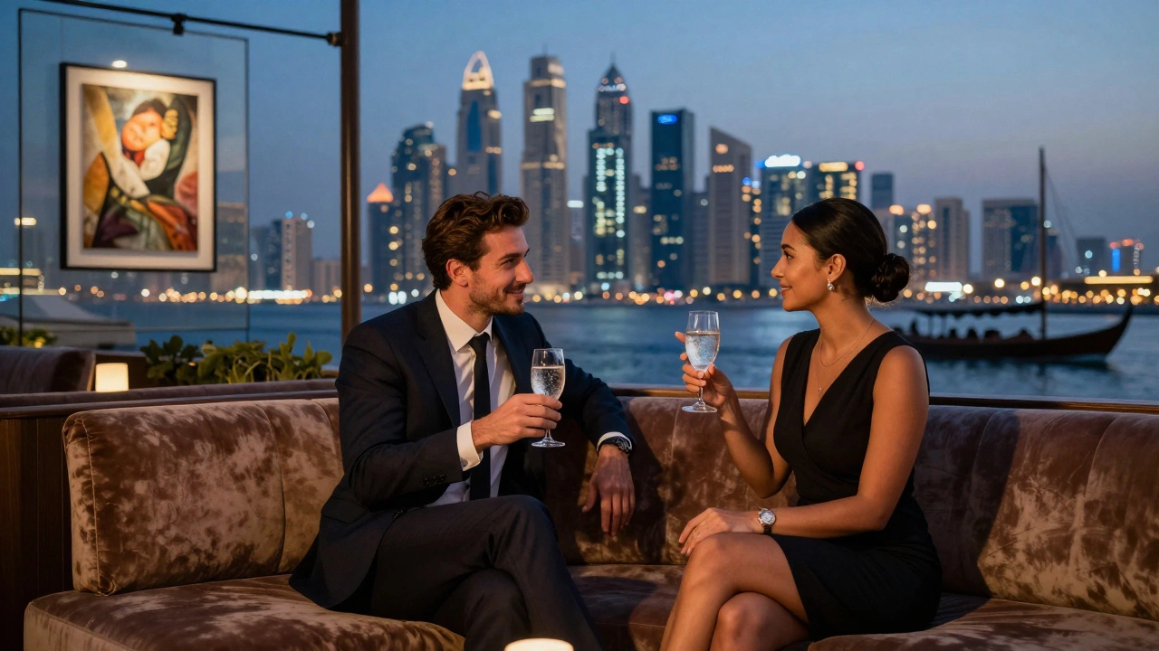 A client and escort enjoying a quiet moment on a Dubai rooftop lounge at dusk with city lights in the background.
