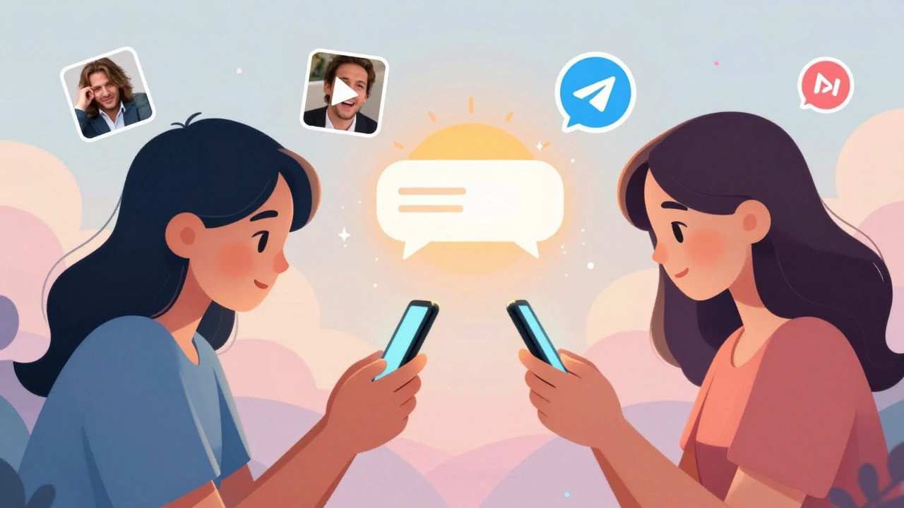 A couple exchanging playful Telegram stickers and a sunrise message in a dreamy digital space filled with floating icons.