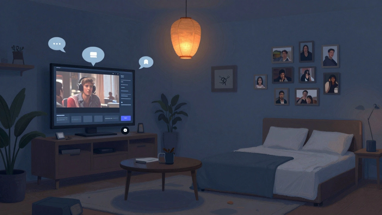 A Discord server visualized as a shared digital apartment with voice chat lanterns, movie screen, and photo gallery.