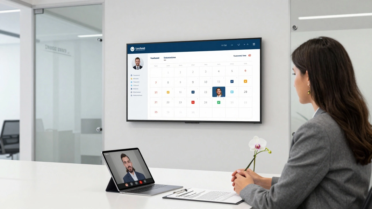 A professional escort agency office displaying verified client profiles and service boundaries on a digital screen.